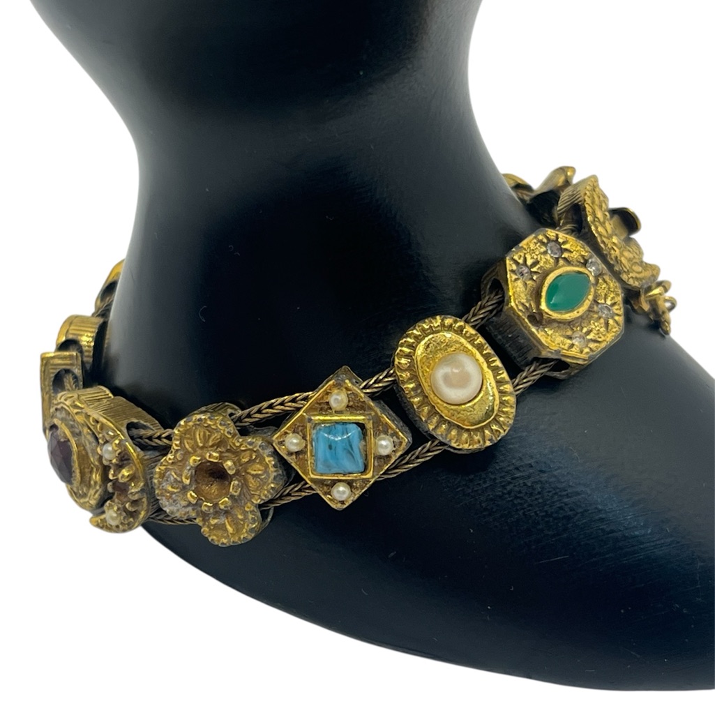 Goldette Slide Charm Bracelet Victorian Revival Gold Tone Rhinestones Vintage 129$